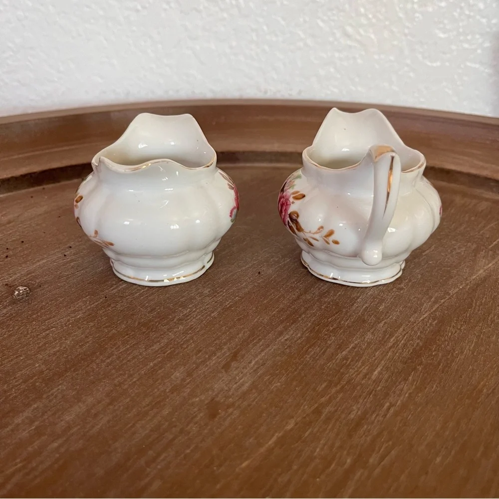 Individual Floral Cream and Sugar Set with Pink Roses Saji Japan Fancy China